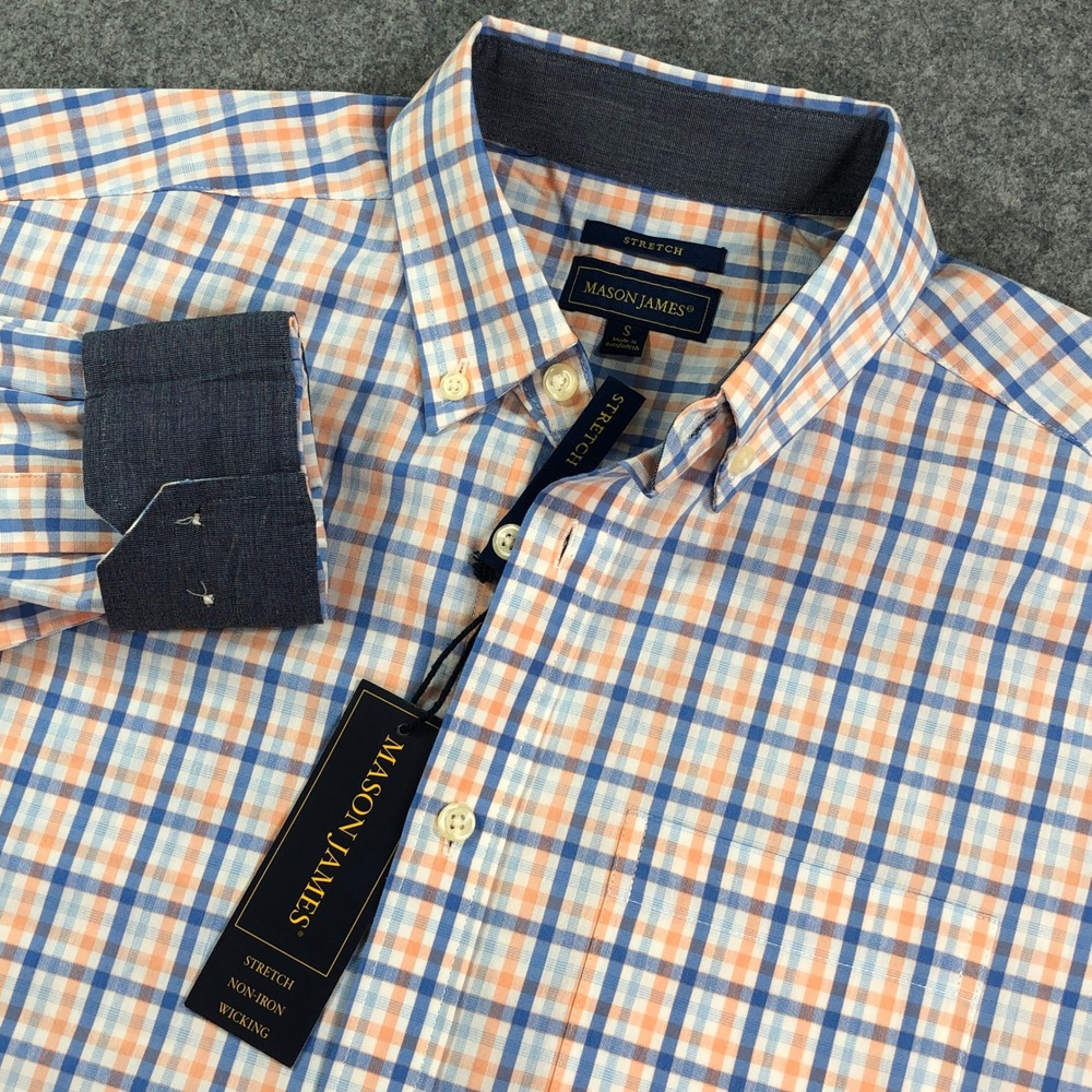 Mason James Mens Button Down Shirt S Blue Plaid Long Sleeve Big Tall Stretch